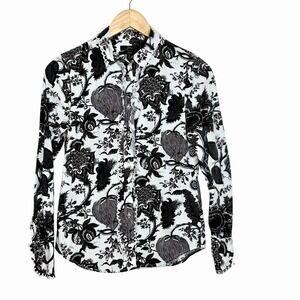 J Crew Black White Floral Top Womens 2 Slim Botanical Toile Romantic Preppy